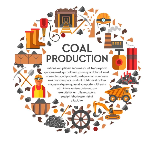 Banner Producción Carbón Con Iconos Marco Redondo Texto Equipo Sitio — Vector de stock