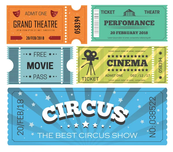 Kino Und Theaterkarten Eintrittskarten Oder Papierausweise Isolierten Objekten Zirkusshow Oder — Stockvektor