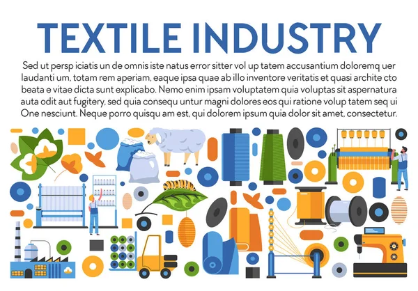 Bannière Industrie Textile Usine Coton Vers Soie Laine Mouton Fibres — Image vectorielle