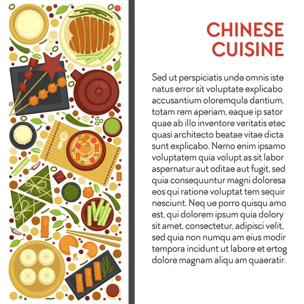 中国料理 中国料理 魚介類や餃子 緑茶ベクトル チキンフィレスープとドリンク カニ肉 ソースと緑 料理と料理 ティーポットとカップ プレートとまな板 — ストックベクタ