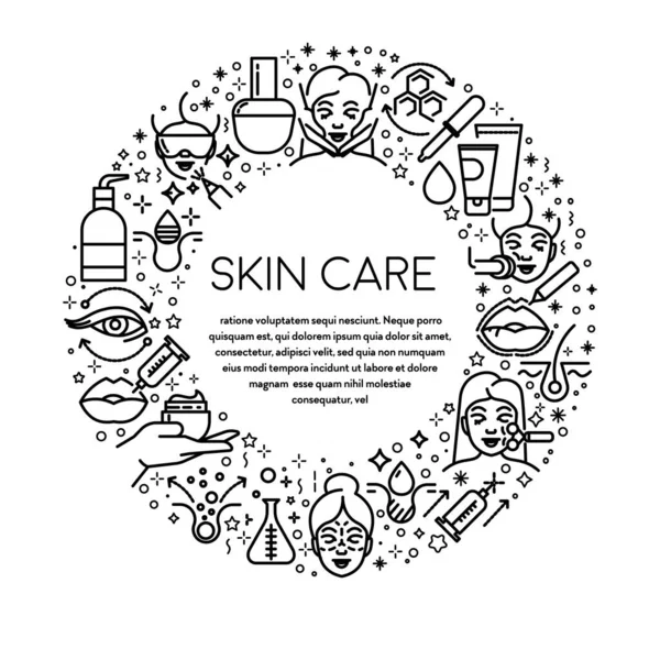 Skincare Vonal Ikonok Embléma Vagy Banner Szépség Spa Vektor Arc — Stock Vector
