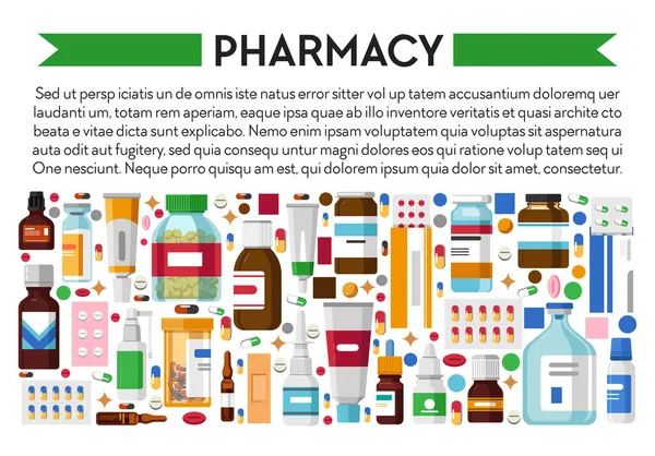 Farmácia Farmácia Medicamentos Comprimidos Pomadas Xaropes Tosse Injeções Banner Vector —  Vetores de Stock