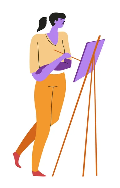 Pasatiempo Pintura Mujer Pintor Artista Lienzo Sobre Caballete Pincel Vector — Vector de stock