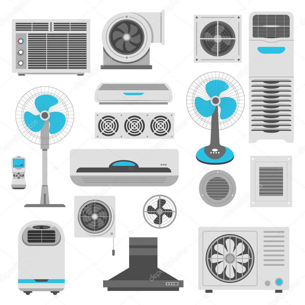 Air conditioners and ventilators set. Ceiling, column and portable AC unit, split system, electric fan, air purifier and kitchen range hood exhaust fan. Climate control equipment. Vector illustration.