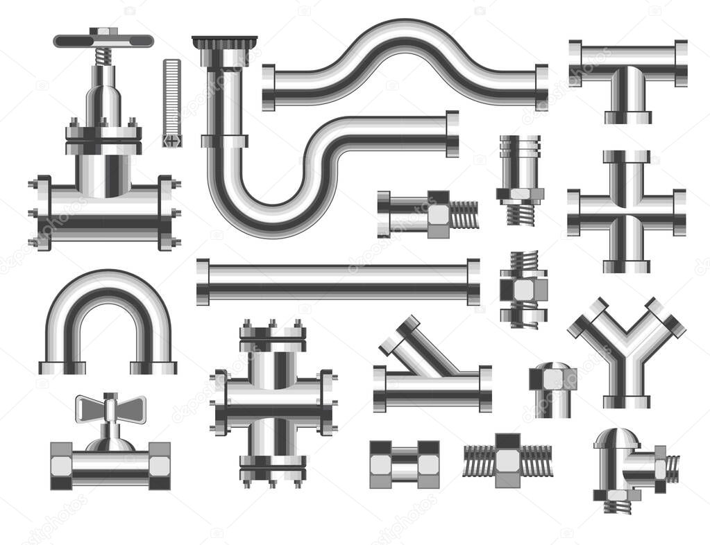 Pipes and tubes, plumbing and building materials vector. Crane and nozzle, bathroom water piping construction elements, metal details and parts. Adapters replacement and household isolated objects