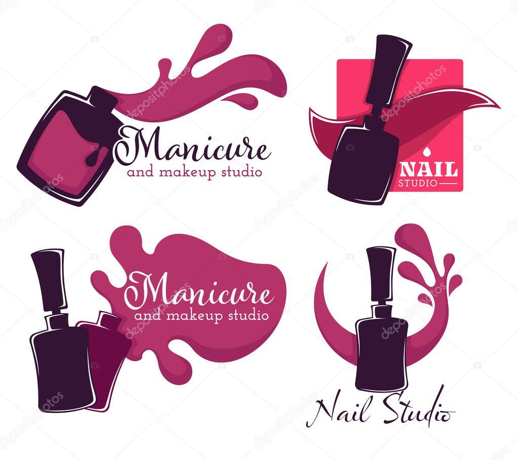 Nail studio and manicure, polish or varnish in bottle isolated icons with lettering vector. Brush and color splash, beauty salon, fingernails. Toenails pedicure emblem or logo, manicurist services