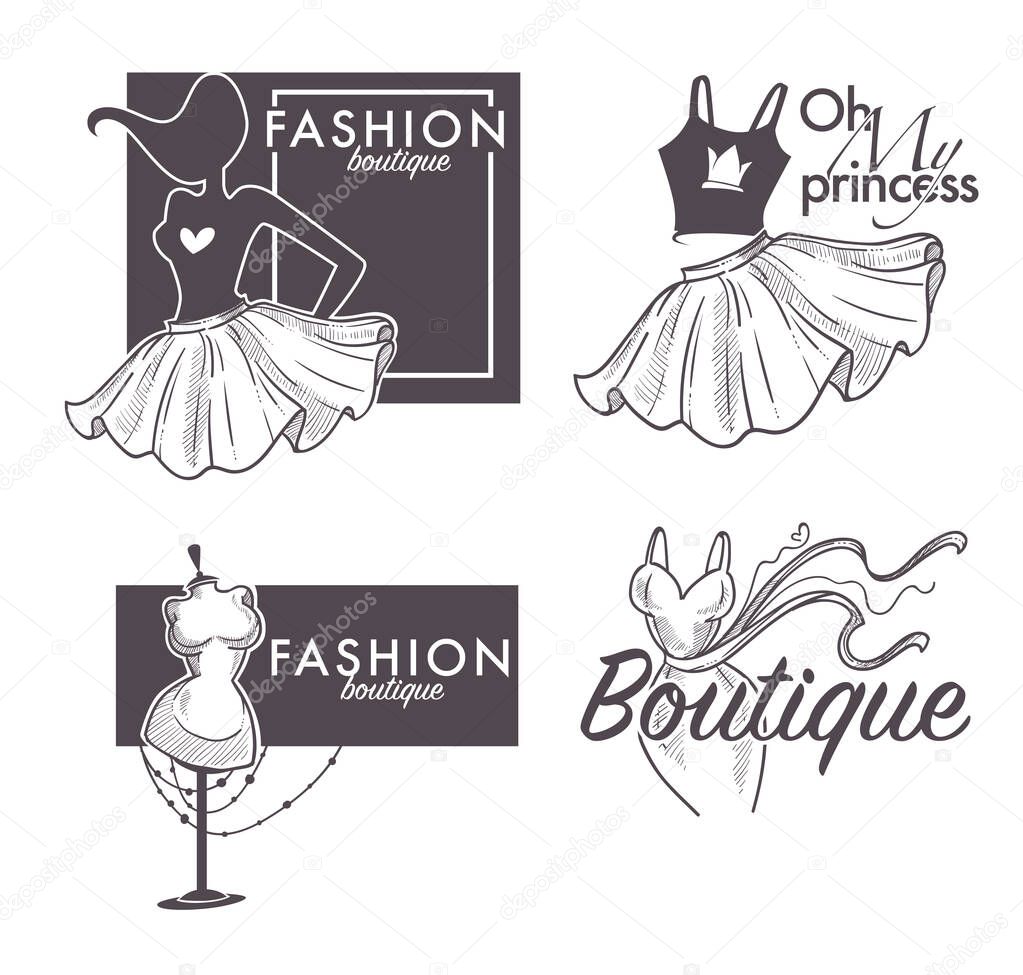 Female clothes shop or fashion store isolated sketch icon vector. Dress and skirt, dummy or mannequin and model, womens wear, boutique emblem or logo. Cocktail gown, shopping and tailoring, couture