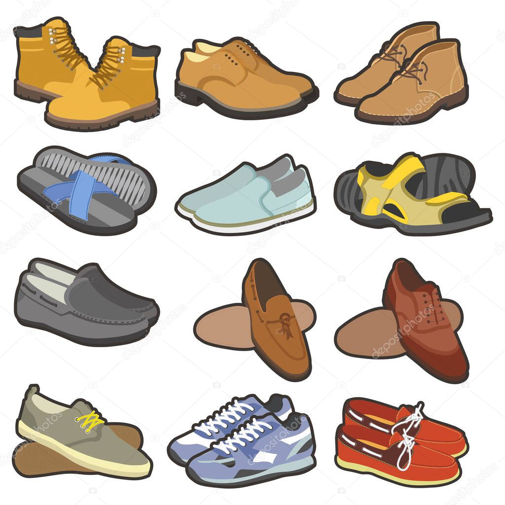 Men shoe set. Male fashion footwear for all seasons, styles. Boots, loafer, trainers, oxford, sandals, laced shoes and slip on, from suede, leather materials. Vector illustration on white background.