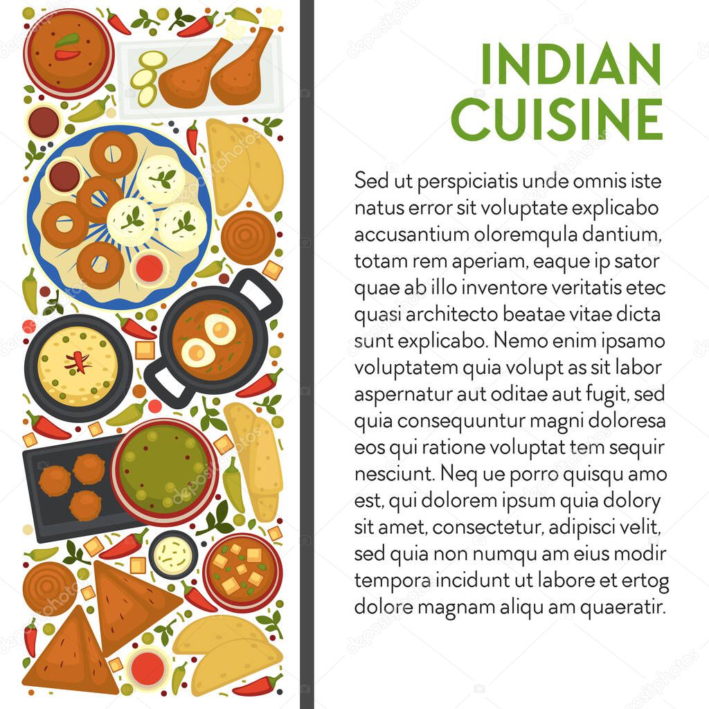 Indian cuisine banner template with text. Paneer butter masala, red chilli chutney, egg curry with chapatti, deep fried vegetable balls and dal lentil soup, samosa and jalebi dishes, top view. Vector.