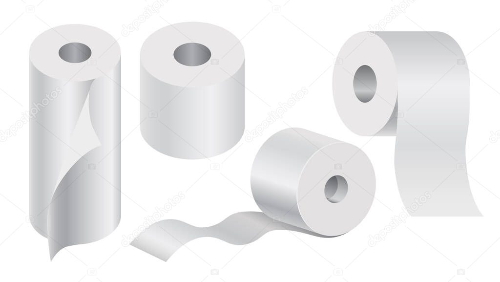 Bathroom item, toilet paper and disposable towels rolls isolated icons vector. Hygiene or cleanliness tool isometric model, tissue or tape, cleaning. WC or washroom, restroom and sanitary equipment