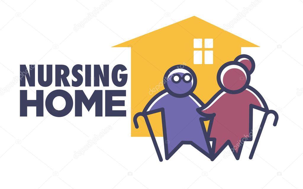 Nursing or elderly home isolated icon, senior people care vector. Retirement and pension, old men caring, grandparents with canes and house. Medical support and healthcare service emblem or logo