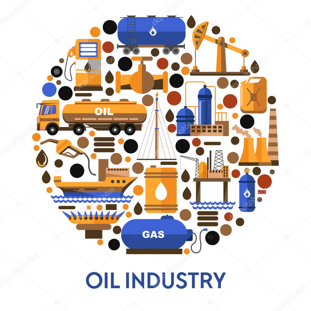 Oil industry banner with icons set in circle. Pump jacks pumping crude oil on well, flammable petroleum storage and transportation by tankers, pipelines, gasoline station. Graphic vector illustration.