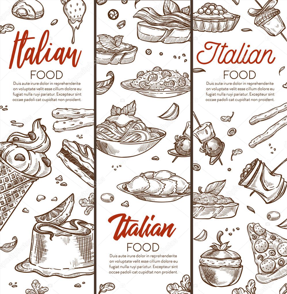 Italian food, cuisine banner template. Shrimp risotto, agnolotti pasta, pepperoni pizza, fetuccini with alfredo sauce, stuffed pepper, mozzarella canape. Hand drawn sketch illustration with text.