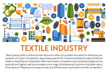 Tekstil endüstrisi afişi. Pamuk fabrikası, ipek böceği, yün, lif, iplik, kumaş üretim ekipmanları atölyede dokuma ve dikiş makineleri. Vektör illüstrasyonu.