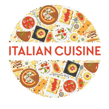 Pizza ve makarna, İtalyan mutfağı, İtalya yemek vektörü. Prosciutto ve tiramisu, spagetti balognese ve bruschetta, farfalle veya quadretti. Cannoli ve sebze çorbası, zabaione, caprese ve rulo lazanya.