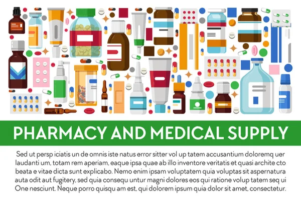Pillole Unguenti Medicinali Sciroppi Iniezioni Tosse Vettore Banner Prodotti Farmaceutici — Vettoriale Stock