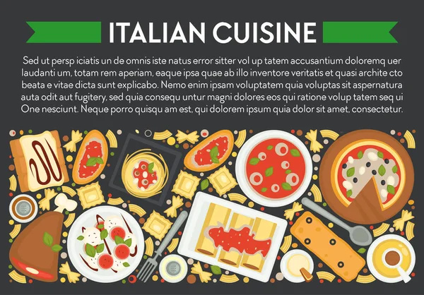 イタリア料理のバナー イタリア料理 パスタベクトル Prosciuttoとティラミス スパゲッティバロネーゼとブルスケッタ フォールまたは四重 ミネストローネ サバイヨン カプレーゼとロールアララザニア — ストックベクタ