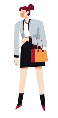 Yüz maskesi takan kadın, hava kirliliği, kirlenmiş atmosfer, izole edilmiş karakter vektörü. Hastalığı önlemek için pamuklu aksesuar takan bir kız. Grip yayılmış. Çantasıyla yürüyen bir kadın.