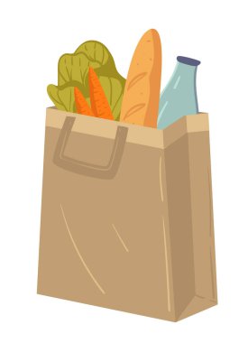 Taze sağlıklı ürünler, süpermarket yemekleri, izole edilmiş ikon vektörlü kağıt paketi. Tekstil torbasında organik yiyecekler. Sebze ve ekmek, süt ve baget, havuç ve salata yaprakları eko çantada