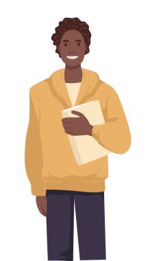 Örgü süveter giyen Afrikalı Amerikalı öğrenci, izole edilmiş karakter vektörü. Ders kitabı, uluslararası eğitim, çok kültürlü bir üniversite ya da üniversite. Manuel kıyafetleri olan bir genç.