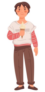 Dondurma yiyen öğrenci, insan ömrü aşaması, yaşlanma konsepti, izole edilmiş karakter vektörü. Çocuk okula gidiyor, büyüyor ve öğreniyor, tişörtlü ve pantolonlu çocuk. Yaz atıştırmalığı olan erkek çocuk.