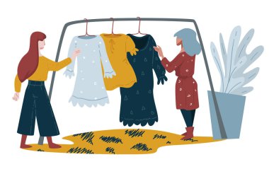 Moda dükkanı, kadın alışverişi, elbise askısı vektörü. Askıda elbiseler, asistan ve müşteri ya da kız arkadaşlar, boş zaman eğlencesi. Kıyafet almak, şık giyinen kızlar, kadın karakterler.