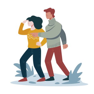 Doğa yürüyüşü, yürüyüş yapan çiftler etrafı kolaçan ediyor ya da yolu arıyor, seyahat ve turizm vektörü. Gezginler, yürüyüş, yürüyüş, macera. Kazak ve kot giyen erkek ve kadın, vahşi doğa.