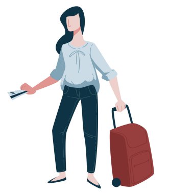 Uçuşu bekleyen, tekerlekli bavulu ve bileti olan yolcu, havaalanı yolcusu vektörü. Kapıya, bagaja ya da bagaja ilerliyoruz. Kız ve yaz tatili ya da tatil, tatil beldesi