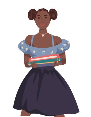 Çok kültürlü üniversite öğrencisi, kitap yığınıyla Afrikalı Amerikalı kız izole edilmiş karakter vektörü. Günlük kıyafetlerle ders kitaplarını taşıyan bir kadın. Uluslar arası üniversitede boğulan bir genç.