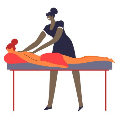 Masaj, spa salonu, güzellik stüdyosu, masadaki kadın ve masöz, soyutlanmış karakter vektörü. Masaj yatağında yatan bir kız, sağlık merkezi. Rahatlama seansı, havlu giymiş hasta, kas gerilimi azaltma.