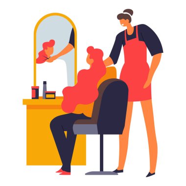 Kuaför kadın müşteriye kadın saç kesimi yapıyor. Karakterler için izole edilmiş vektör. Kuaför, kuaför, sandalyedeki kızın saçını kesen kadın. Güzellik salonundaki müşteri, saç stili değişikliği.