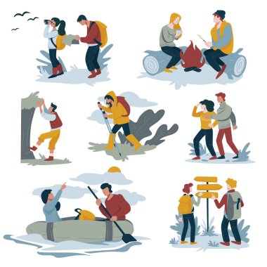 Seyahat eden çift, yürüyüş yapan erkek ve kadın, aktif yaşam tarzı, açık hava aktivite vektörü. Yürüyüş, uçuruma tırmanma ve rafting, şenlik ateşinde marşmelov kızartma. Kamp ya da sırt çantası, yürüyüş sporu