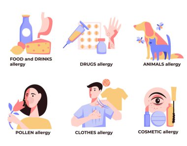 Alerji türleri ve semptomlar izole edilmiş ikon vektörü. Alerjenler, yiyecekler ve uyuşturucular, hayvanlar ve polenler, kıyafetler ve kozmetik ürünler. Laktoz ve ilaçlar, evcil hayvanlar kürk ve çiçekler, tekstil ve makyaj
