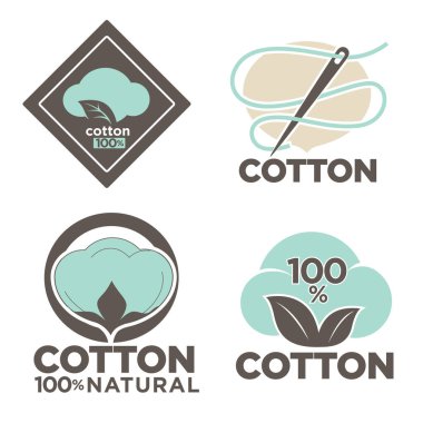 Pamuk izole ikonlar, saf ve organik ürün vektörü. Tekstil endüstrisi, tarla fabrikası amblemi ya da logosu, doğal malzeme üretimi. Tarım ve ekin, kumaş veya fiber yetiştirme ve işleme