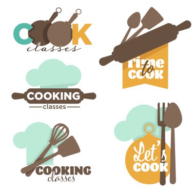 Mutfak eşyaları ve çatal bıçak takımı, aşçılık okulu veya sınıflar ikon vektörü. Fırça ve spatula, tava ve şef şapkası, kaşık ve çatal, merdane. Amblem ya da logo, aşçılık eğitimi, yemek ve yemek tarifleri.