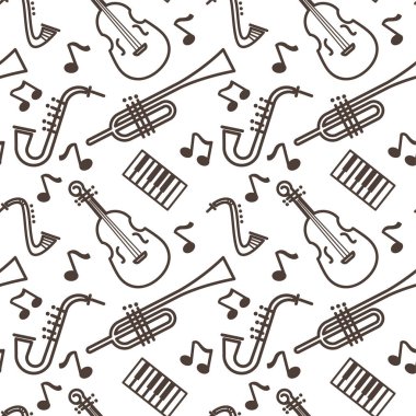 Kusursuz müzik aletleri, sanat ve konser vektörü Pipe ve piyano klavyesi, keman ve saksafon çalan müzik, sonsuz doku. Notlar ve orkestra araçları, tek renkli duvar kağıdı baskısı