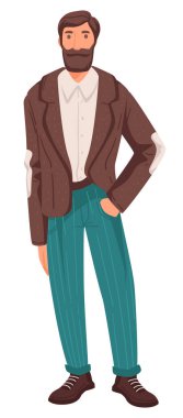 Yetişkin bir adam, takım elbiseli sakallı, yaşlanan ya da yaşlanmakta olan karakter vektörü. Normal kıyafetli olgun bir adam, orta yaşlı erkek. İnsan ömrü aşaması, olgunlaşma, yaşam döngüsü aşaması