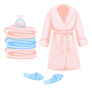 Ev yapımı tekstil, bornoz ve havlu yığını, sabun şişesi ve terlik, spa prosedürü, vektör. Duş kıyafetleri, kumaşlar, banyo eşyaları. Bitmek bilmeyen ev eşyaları, giysi ve ayakkabı.