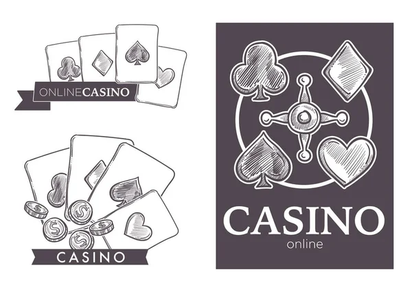 赌博在线赌场 扑克和轮盘赌 孤立的矢量草图图标 打牌和硬币 21点或者德州的铅笔画牌 钱的赌注或赌局 运气和财富 — 图库矢量图片
