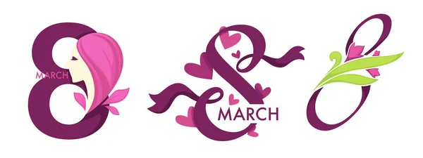 Womens Day March Isolated Vector Icons Flowers Hearts Petals Tulips — Stock Vector