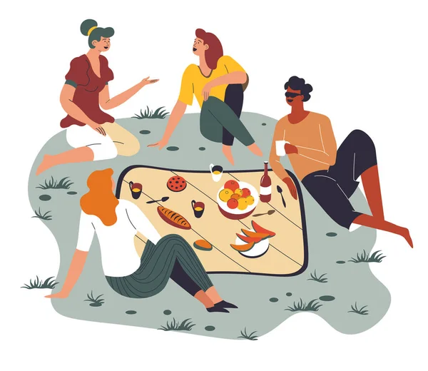 Pessoas Conversando Comendo Piquenique Reunião Amigos Comunicando Mulheres Homens Apreciando —  Vetores de Stock