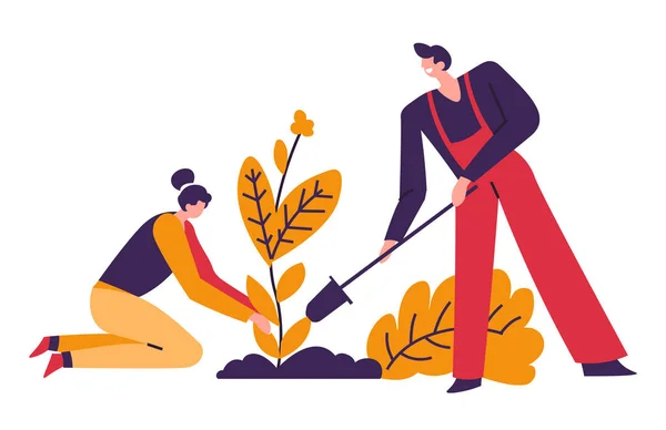 Plantation Arbres Homme Femme Jardinage Croissance Vecteur Plantes Personnages Masculins — Image vectorielle