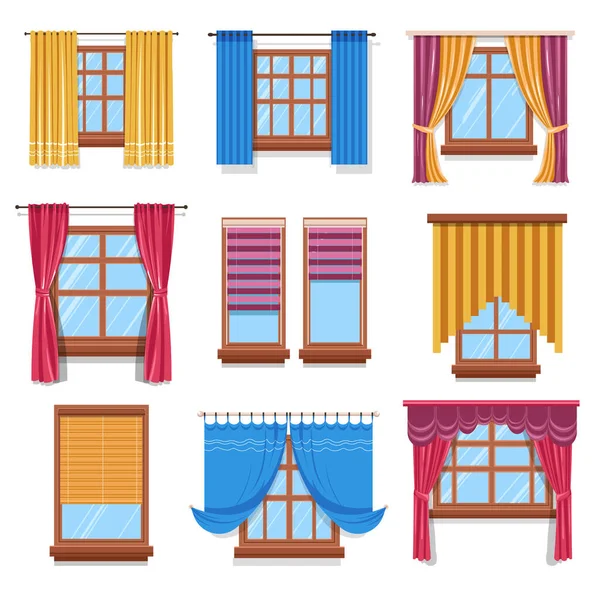 Fenêtres Avec Rideaux Stores Volets Tissu Bois Design Intérieur Vecteur — Image vectorielle