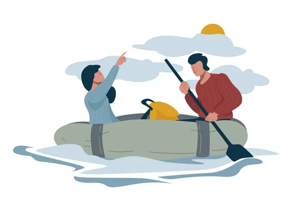Couple Bateau Rafting Randonnée Sac Dos Homme Femme Nageant Activité — Image vectorielle