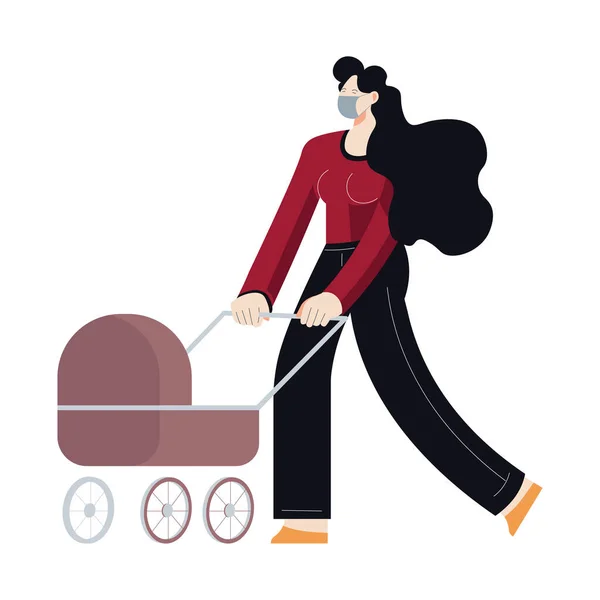 母親と子供 女性は赤ん坊と一緒に梅や馬車のベクトルを歩く 子供のいる医療用マスクでお母さん 病気や病気は予防を広める 有害な空気呼吸 散歩中の女性キャラクター ベビーカー — ストックベクタ