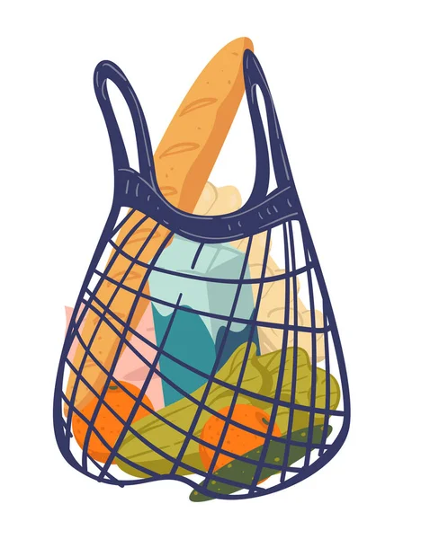 文字列またはメッシュバッグスーパーマーケット製品 エコハンドバッグベクトル フランスのバゲットとミルクパック 卵とオレンジ レタスとキュウリ 調理材料や食料品の買い物 再利用可能なパケット — ストックベクタ