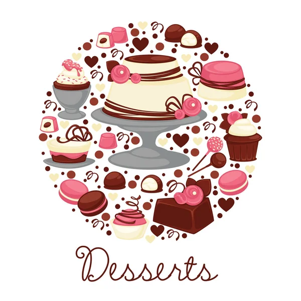 Desserts Met Bloem Decor Bruiloft Verjaardagstaart Geïsoleerde Gerechten Embleem Vector — Stockvector