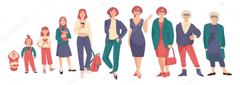 Woman in different ages isolated characters vector. Baby and toddler, kid or child, teenager and young girl, adult and elderly person, life cycle. Generation of people and human stages of growing up