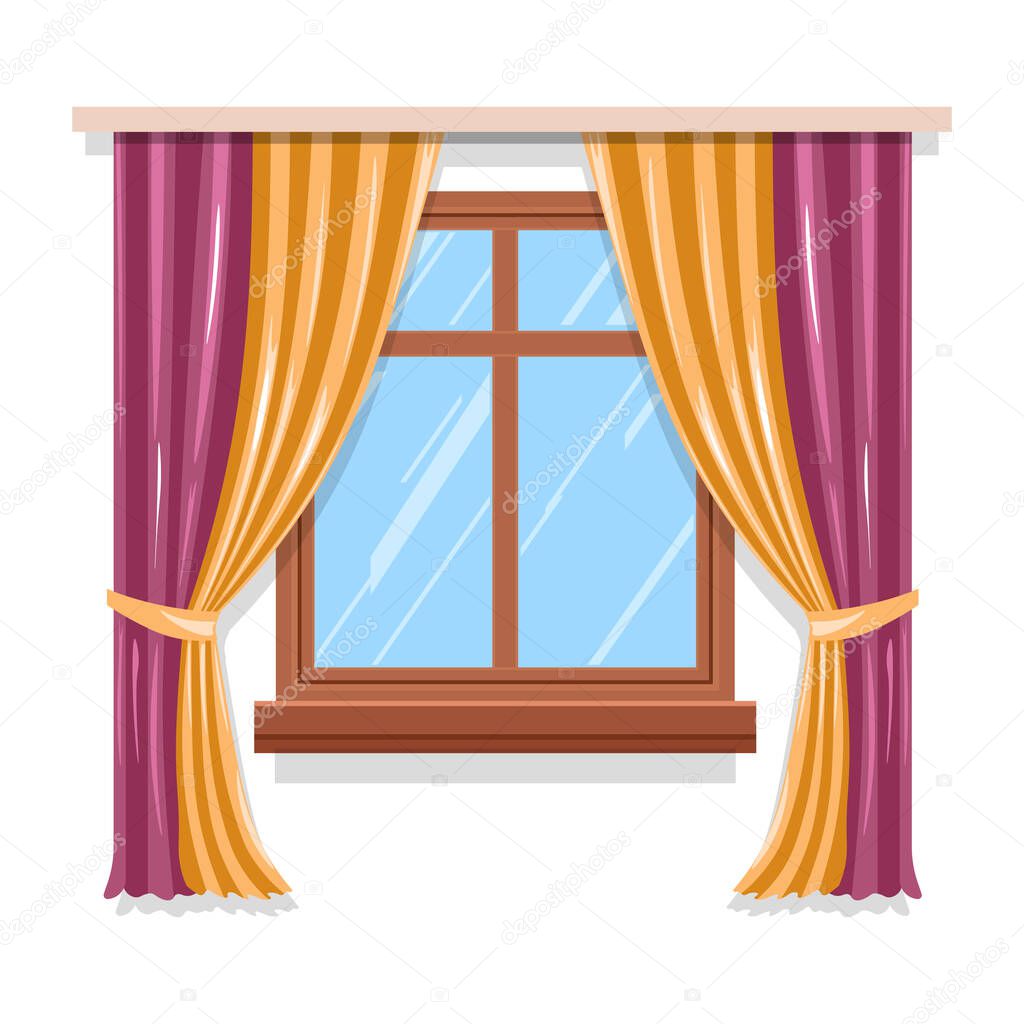 Windows with curtains, blinds or shutters, fabric and wood, interior design vector isolated icon. Textile shade, indoor decor, cotton, silk or lace. Glass and plastic, drapes and coziness element