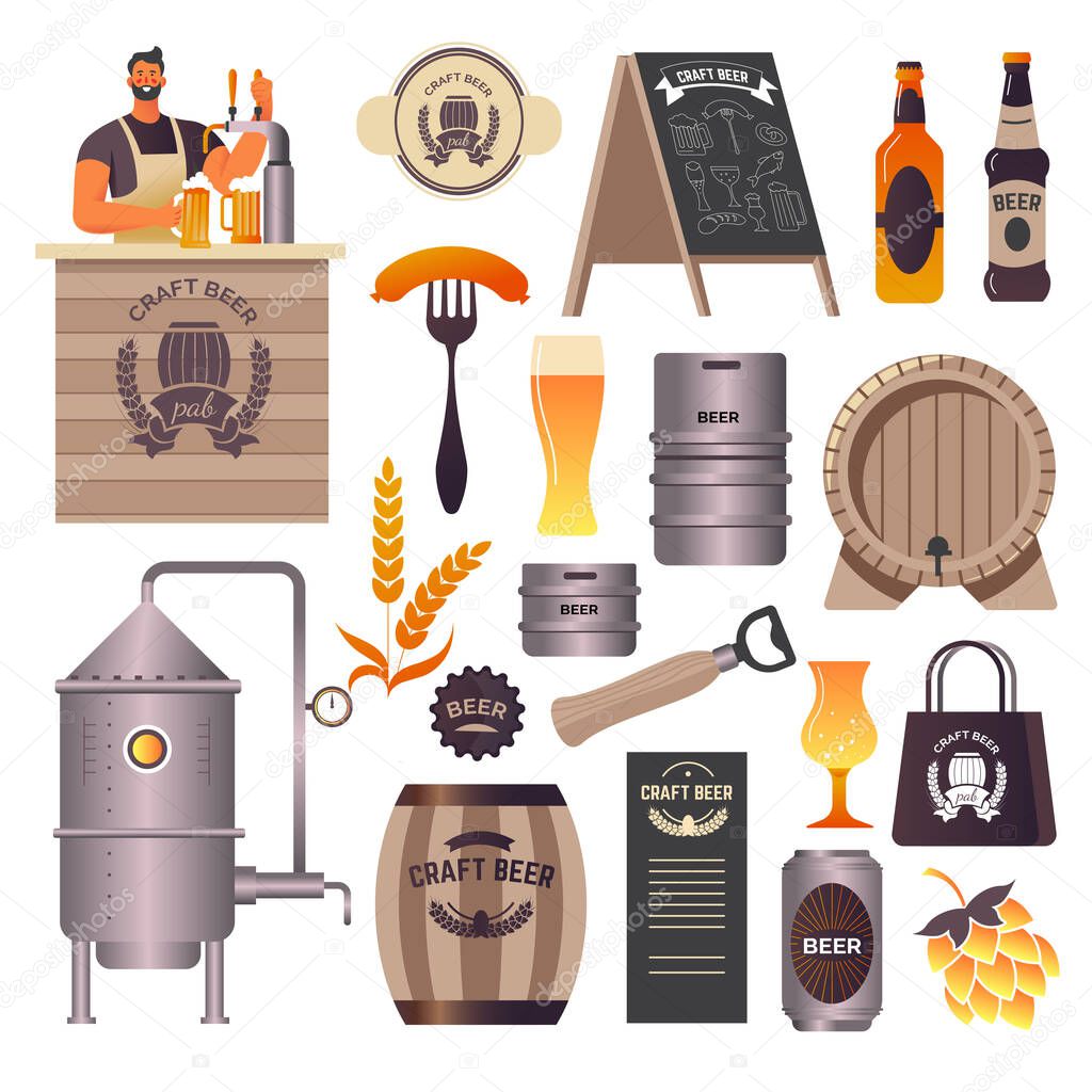 Brewery, craft beer pub, bar counter and bartender, food and drink vector. Man pouring beer from tap, street menu banner, bottles and mugs, sausages for snack. Brewing machines, barrels and opener